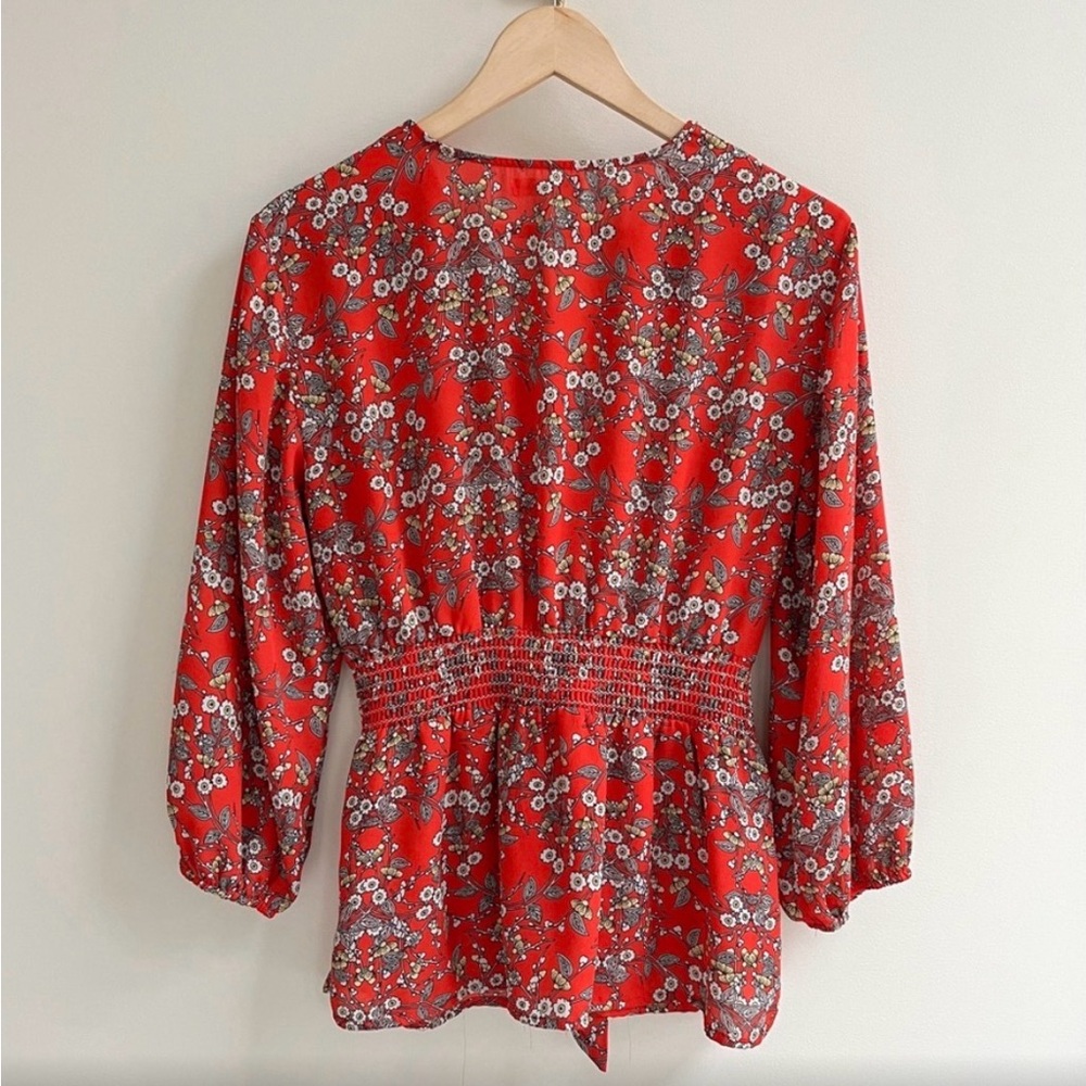 Max studio chiffon belted v neck floral blouse red M - Picture 2 of 4
